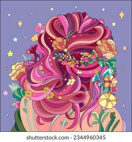 Girl back view with flowers in her hair. Coloring page in color.