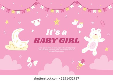 its a girl. It's a girl background. baby girl. gender reveal background. Vector Illustration. Poster, Banner, Greeting Card, Invitation Card. baby announcement concept. Baby is coming. pink Background