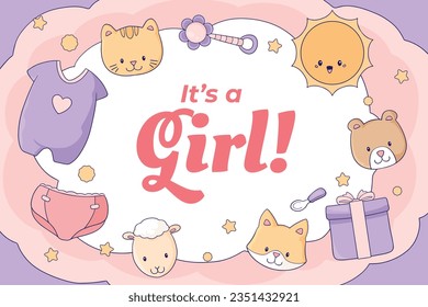 its a girl. It's a girl background. baby girl. gender reveal background. Vector Illustration. Poster, Banner, Greeting Card, Invitation Card. baby announcement concept. Baby is coming. pink Background