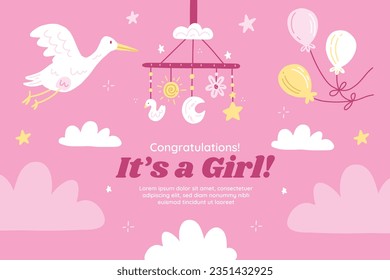 its a girl. It's a girl background. baby girl. gender reveal background. Vector Illustration. Poster, Banner, Greeting Card, Invitation Card. baby announcement concept. Baby is coming. pink Background