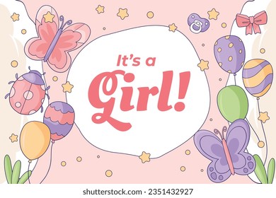 its a girl. It's a girl background. baby girl. gender reveal background. Vector Illustration. Poster, Banner, Greeting Card, Invitation Card. baby announcement concept. Baby is coming. pink Background