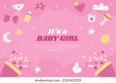 its a girl. It's a girl background. baby girl. gender reveal background. Vector Illustration. Poster, Banner, Greeting Card, Invitation Card. baby announcement concept. Baby is coming. pink Background