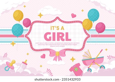 its a girl. It's a girl background. baby girl. gender reveal background. Vector Illustration. Poster, Banner, Greeting Card, Invitation Card. baby announcement concept. Baby is coming. pink Background