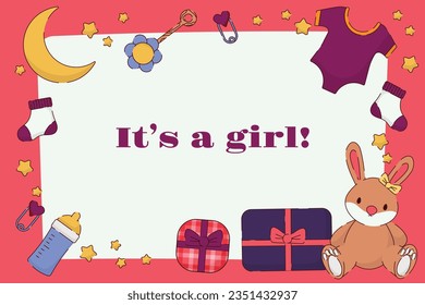 its a girl. It's a girl background. baby girl. gender reveal background. Vector Illustration. Poster, Banner, Greeting Card, Invitation Card. baby announcement concept. Baby is coming. pink Background