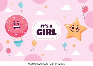 its a girl. It's a girl background. baby girl. gender reveal background. Vector Illustration. Poster, Banner, Greeting Card, Invitation Card. baby announcement concept. Baby is coming. pink Background