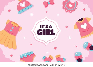 its a girl. It's a girl background. baby girl. gender reveal background. Vector Illustration. Poster, Banner, Greeting Card, Invitation Card. baby announcement concept. Baby is coming. pink Background