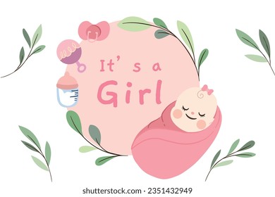 its a girl. It's a girl background. baby girl. gender reveal background. Vector Illustration. Poster, Banner, Greeting Card, Invitation Card. baby announcement concept. Baby is coming. pink Background