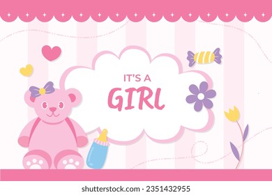 its a girl. It's a girl background. baby girl. gender reveal background. Vector Illustration. Poster, Banner, Greeting Card, Invitation Card. baby announcement concept. Baby is coming. pink Background