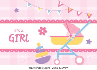 its a girl. It's a girl background. baby girl. gender reveal background. Vector Illustration. Poster, Banner, Greeting Card, Invitation Card. baby announcement concept. Baby is coming. pink Background