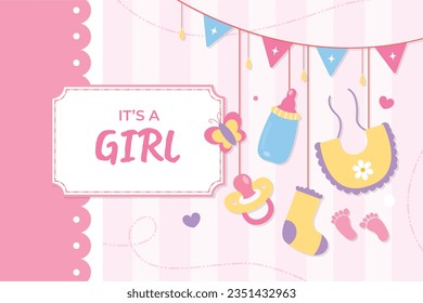 its a girl. It's a girl background. baby girl. gender reveal background. Vector Illustration. Poster, Banner, Greeting Card, Invitation Card. baby announcement concept. Baby is coming. pink Background