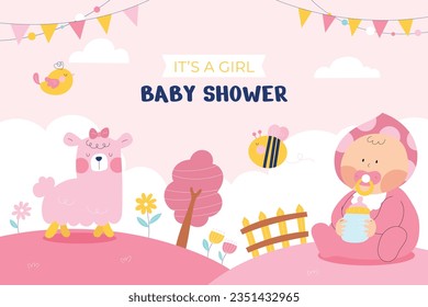 its a girl. It's a girl background. baby girl. gender reveal background. Vector Illustration. Poster, Banner, Greeting Card, Invitation Card. baby announcement concept. Baby is coming. pink Background