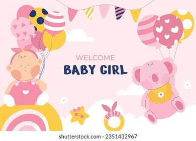 its a girl. It's a girl background. baby girl. gender reveal background. Vector Illustration. Poster, Banner, Greeting Card, Invitation Card. baby announcement concept. Baby is coming. pink Background