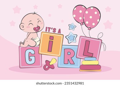 its a girl. It's a girl background. baby girl. gender reveal background. Vector Illustration. Poster, Banner, Greeting Card, Invitation Card. baby announcement concept. Baby is coming. pink Background