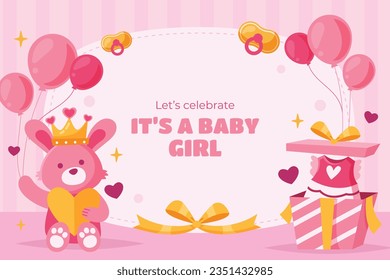 its a girl. It's a girl background. baby girl. gender reveal background. Vector Illustration. Poster, Banner, Greeting Card, Invitation Card. baby announcement concept. Baby is coming. pink Background