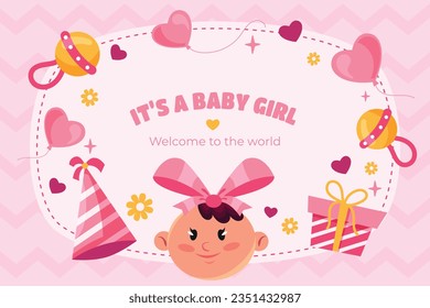 its a girl. It's a girl background. baby girl. gender reveal background. Vector Illustration. Poster, Banner, Greeting Card, Invitation Card. baby announcement concept. Baby is coming. pink Background