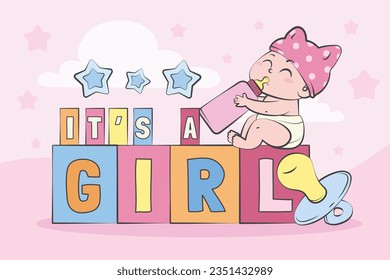 its a girl. It's a girl background. baby girl. gender reveal background. Vector Illustration. Poster, Banner, Greeting Card, Invitation Card. baby announcement concept. Baby is coming. pink Background