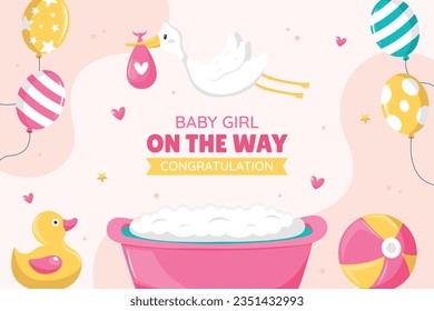 its a girl. It's a girl background. baby girl. gender reveal background. Vector Illustration. Poster, Banner, Greeting Card, Invitation Card. baby announcement concept. Baby is coming. pink Background