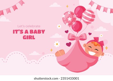 its a girl. It's a girl background. baby girl. gender reveal background. Vector Illustration. Poster, Banner, Greeting Card, Invitation Card. baby announcement concept. Baby is coming. pink Background