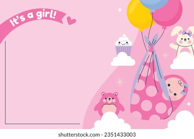 its a girl. It's a girl background. baby girl. gender reveal background. Vector Illustration. Poster, Banner, Greeting Card, Invitation Card. baby announcement concept. Baby is coming. pink Background