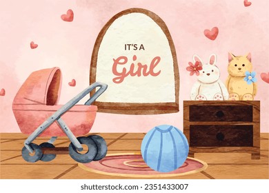 its a girl. It's a girl background. baby girl. gender reveal background. Vector Illustration. Poster, Banner, Greeting Card, Invitation Card. baby announcement concept. Baby is coming. pink Background