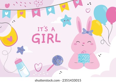 its a girl. It's a girl background. baby girl. gender reveal background. Vector Illustration. Poster, Banner, Greeting Card, Invitation Card. baby announcement concept. Baby is coming. pink Background