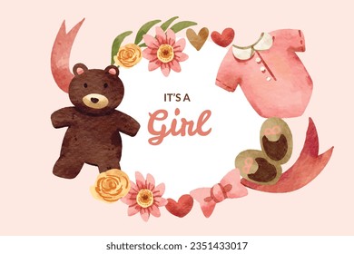 its a girl. It's a girl background. baby girl. gender reveal background. Vector Illustration. Poster, Banner, Greeting Card, Invitation Card. baby announcement concept. Baby is coming. pink Background
