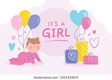 its a girl. It's a girl background. baby girl. gender reveal background. Vector Illustration. Poster, Banner, Greeting Card, Invitation Card. baby announcement concept. Baby is coming. pink Background