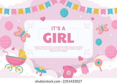 its a girl. It's a girl background. baby girl. gender reveal background. Vector Illustration. Poster, Banner, Greeting Card, Invitation Card. baby announcement concept. Baby is coming. pink Background