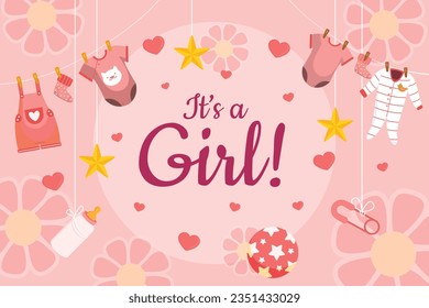 its a girl. It's a girl background. baby girl. gender reveal background. Vector Illustration. Poster, Banner, Greeting Card, Invitation Card. baby announcement concept. Baby is coming. pink Background