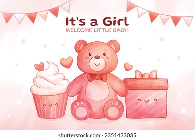its a girl. It's a girl background. baby girl. gender reveal background. Vector Illustration. Poster, Banner, Greeting Card, Invitation Card. baby announcement concept. Baby is coming. pink Background