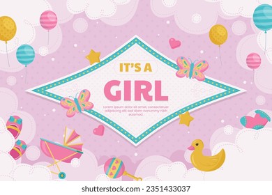 its a girl. It's a girl background. baby girl. gender reveal background. Vector Illustration. Poster, Banner, Greeting Card, Invitation Card. baby announcement concept. Baby is coming. pink Background