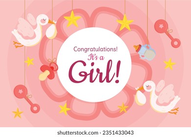 its a girl. It's a girl background. baby girl. gender reveal background. Vector Illustration. Poster, Banner, Greeting Card, Invitation Card. baby announcement concept. Baby is coming. pink Background