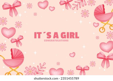 its a girl. It's a girl background. baby girl. gender reveal background. Vector Illustration. Poster, Banner, Greeting Card, Invitation Card. baby announcement concept. Baby is coming. pink Background