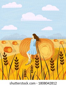 Girl in the background landscape with haystacks on fields. Rural area landscape. Hay bales. Illustration with noises. eps