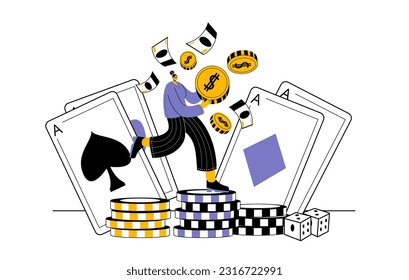 A girl in the background of playing cards holds her profit. Chips and dice casino. Vector illustration with the theme of gambling income.