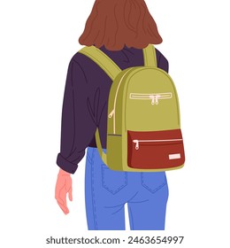 Chica con vista trasera de la mochila. Mujer estudiante que lleva la mochila, adolescente que lleva el bolso escolar Ilustración vectorial plana. Estudiante de secundaria con mochila