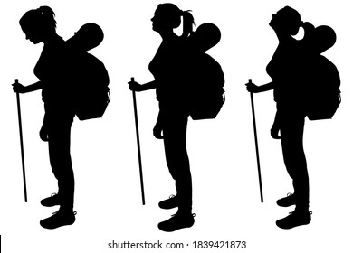 Girl with a backpack behind back and a walking stick. Woman tourist stands still and looks down, forward, up. Hiking. Side view, profile. Three black female silhouettes isolated on white background.