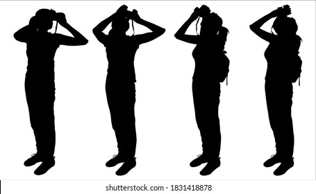 Girl with a backpack behind her back and binoculars in hands. Woman looks through binoculars. Tourist examines everything around. Side view, profile. Silhouettes in black isolated on white background.