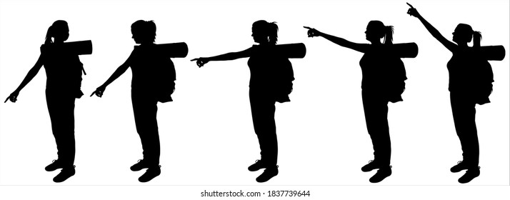 Chica con una mochila a su espalda y una alfombra turística. La mujer se queda quieta con la mano mostrando la dirección, abajo, adelante, arriba. Vista lateral, perfil. Las siluetas están aisladas en un fondo blanco.