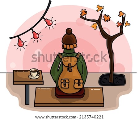 Girl with a backpack drinkining coffee on the nice autumn street. Vector image 