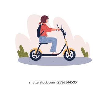 Chica con mochila conduce scooter eléctrico moderno con asiento. Adolescente en casco de seguridad monta en ayuda de movilidad personal. El personaje se mueve en la vista lateral de la bicicleta. Ilustración vectorial aislada plana en blanco