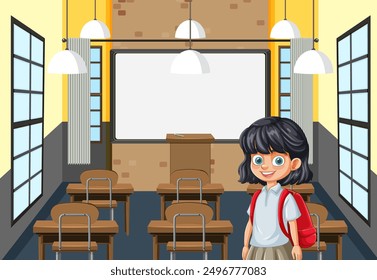 Girl with backpack in an empty classroom