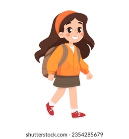 Girl with backpack going to school. Cartoon character. Back to school concept. Isolated vector illustration