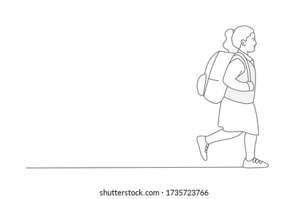 Chica con mochila yendo a la escuela. Ilustración vectorial de dibujo de línea.