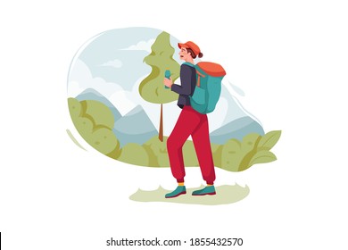 Mädchen mit Rucksack für Trekking Vector Illustration Konzept. Flache Illustration einzeln auf weißem Hintergrund.