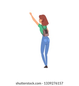 Girl with Backpack Hailing Taxi Car, Back View Vector Illustration