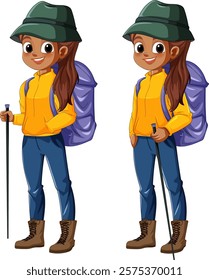 Girl with backpack and hiking gear, smiling confidently