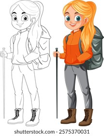 Girl with backpack and hiking stick illustration