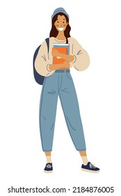 Una chica con una mochila sostiene en sus manos cuadernos y libros de texto. Icono de caricatura plana de una estudiante universitaria aislada de fondo blanco. De vuelta a la escuela, una escolar moderna con vaqueros.