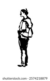 Girl with a backpack looking forward. Full-body character. Hand-drawn sketch.